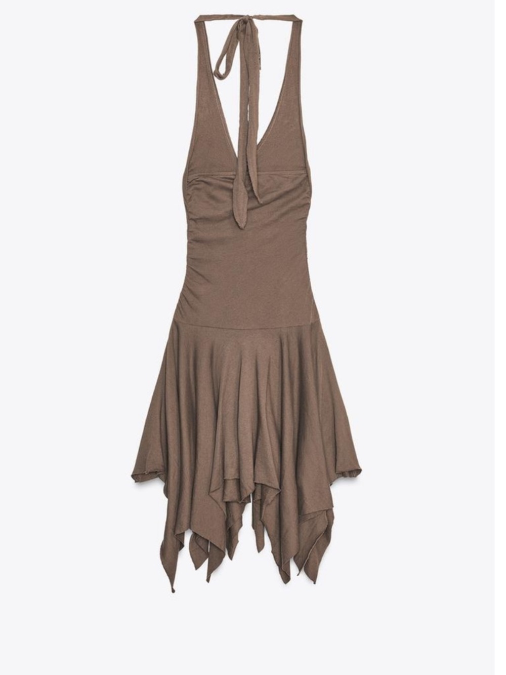 Zara Asymmetric Halter Neck Handkerchief Hem Dress in Brown